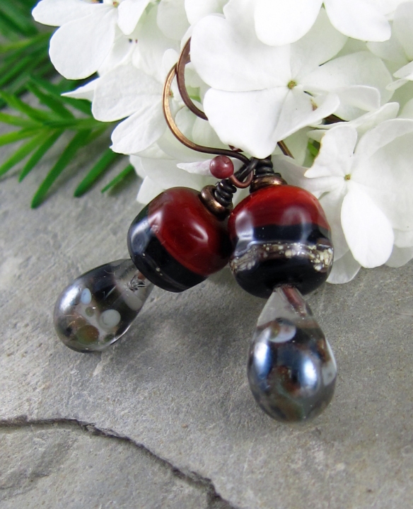 Red and black lampwork glass earrings