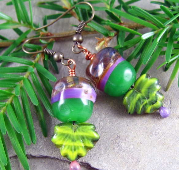 Handmade lampwork earrings with leaves